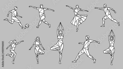 Abstract vector illustration of people doing various activities such as soccer, dancing, yoga, and other fitness in polygon design shapes.
