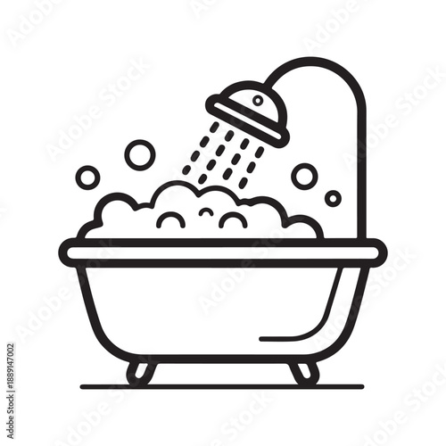 Bathtub with Bubbles and Shower Head Line Art Bathroom Icon