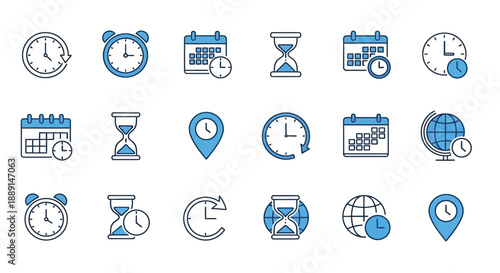 collection of various time related icons including clocks calendars hourglasses and geolocation markers