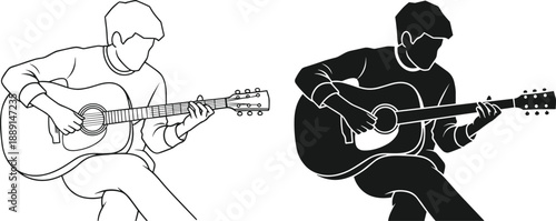 Acoustic guitarist silhouette illustration set showing line art and solid style musician playing guitar, minimal black and white music artwork for posters, branding, education, and creative designs