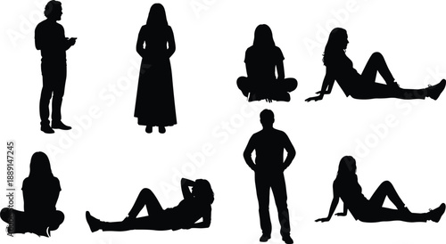 Collection, of, black, silhouettes, featuring, men, and, women, in, various, poses, including, standing, sitting, cross, legged, and, lying, down, for, lifestyle.