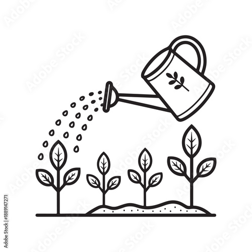 Gardening Line Art Watering Can Pouring Water on Young Plant Sprouts