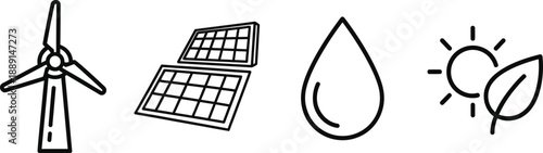Collection of renewable energy icons including wind turbine