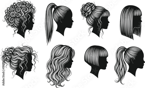 Black and white female hairstyle silhouette collection featuring diverse women hair profiles, ponytails, buns, curls, waves, and bobs for beauty, fashion, salon, and design projects