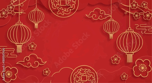 Chinese New Year Vector Background with Red and Gold Oriental Ornament