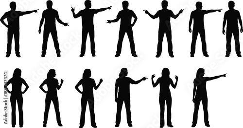 Collection, of, black, silhouettes, featuring, men, and, women, pointing, gesturing, and, showing, direction, representing, communication, leadership, guidance, presentation, and, interaction.