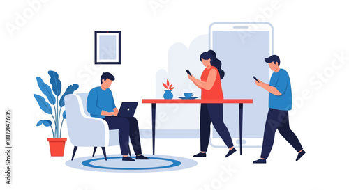 Three individuals collaborating in a modern office setting with technology and plants