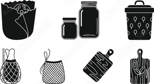 Collection of zero waste eco products showing mesh bag and jars