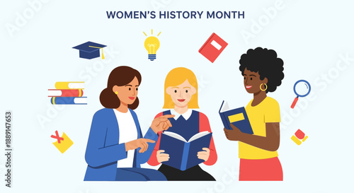 Three women engaged in reading and learning together, celebrating Women's History Month with educational icons around them