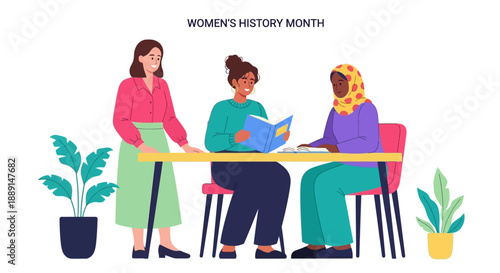 Women discussing women's history month at a table surrounded by plants in a collaborative environment from a front viewpoint