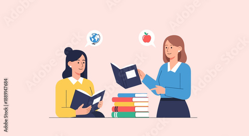 Two women collaborating on a project surrounded by books and digital icons in a modern workspace viewed from the side