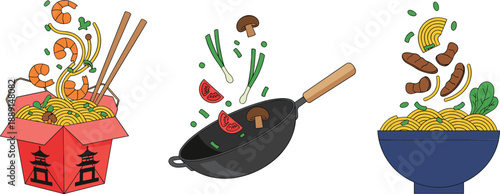 Hand drawn Asian noodle meal icons set with wok cooking, shrimp ramen, takeaway box, and pasta bowl illustration