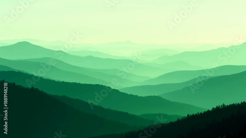 Abstract Vector A panoramic view of rolling emerald mountains fades into a serene landscape, painted with shades of green, inviting a sense of tranquility and awe.