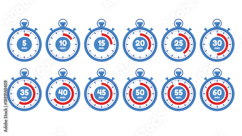 Set of 12 blue stopwatch timers indicating minutes from 5 to 60, symbolizing countdowns and time management in flat design.