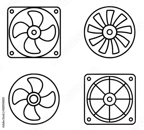 4 illustrations of cooling fans in outline version, for coloring