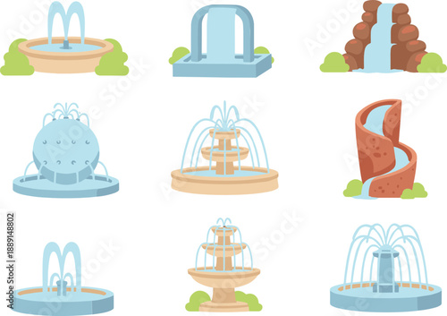 Hand drawn garden fountain icons set with water jets, park decorations, stone cascades, and outdoor landscape elements