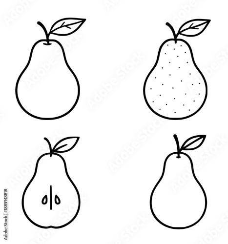 4 illustrations of pears in outline version, for coloring