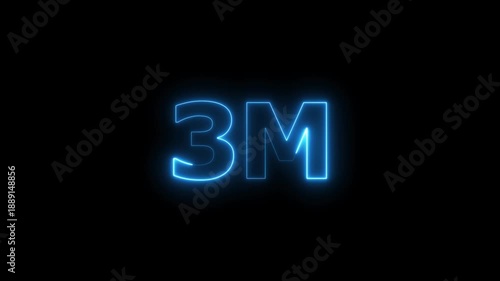 Glowing Neon Blue 3M Text Animation. Social Media Views, Followers and Subscribers Celebration on Black Background.