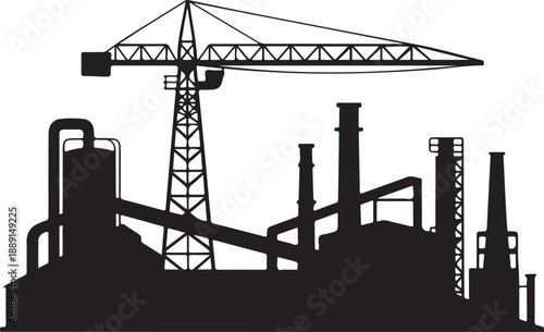 A black silhouette of an industrial factory with a crane and smokestacks against a white background