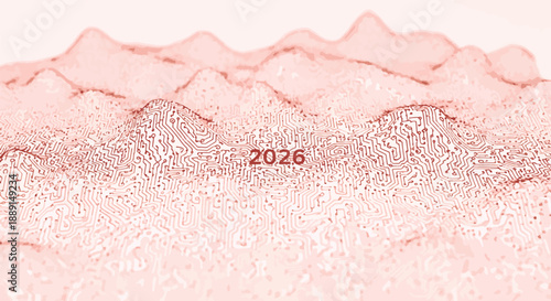 A futuristic digital landscape featuring waves of pink sand with the year 2026 displayed prominently, seen from a low-angle viewpoint