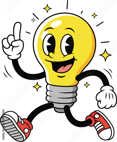 Groovy light bulb character, cartoon character light bulb vector, cute light bulb character running idea and creativity cartoon mascot vector illustration
