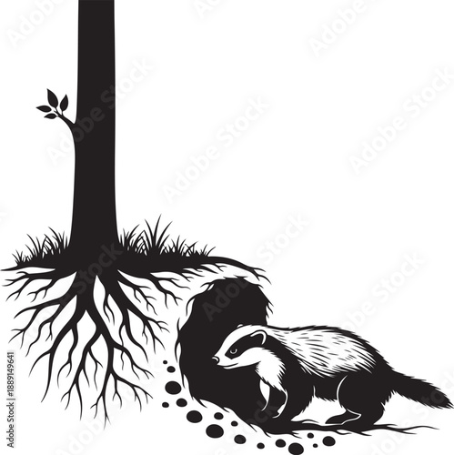 Black and white of a badger emerging from a burrow near a tree animal hole desi