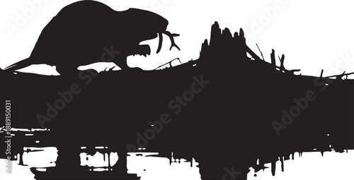 Black silhouette of a beaver gnawing on a tree stump black and white animal wildlife