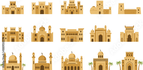 Hand drawn Islamic architecture icons set with mosques, palaces, domes, and traditional middle eastern landmark buildings