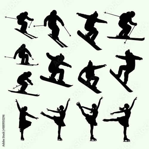 Winter sports vector silhouettes: skiing, snowboarding, ice skating figures, black isolated on white