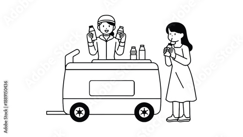 A cartoon illustration of a man selling drinks from a cart to a woman