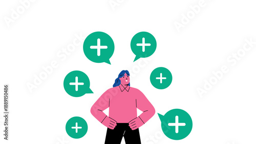 A confident woman surrounded by positive thought bubbles and speech bubbles