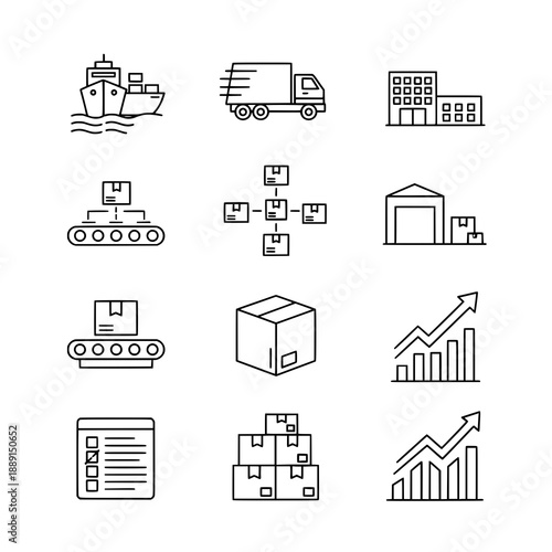 Shipping and tracking logistics thin line vector icon collection