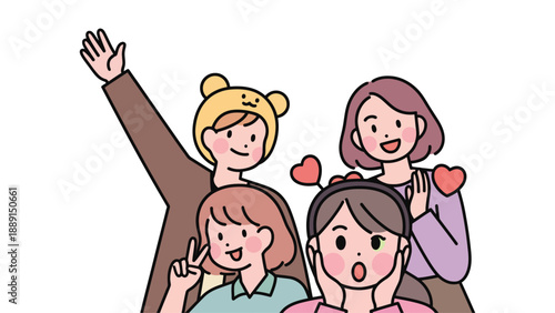 A cartoon family of four showing love and affection together happily