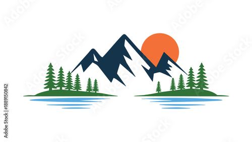 Serene mountain landscape with sunset and lakes
