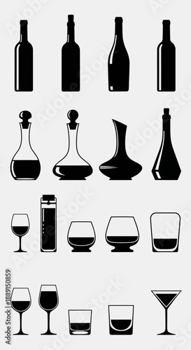 Vector silhouette set of various alcohol bottles, decanters, and glasses for wine, whiskey, and cocktails, isolated on white