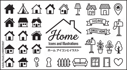 Home Icons Collection: A comprehensive set of line-art icons and illustrations representing various facets of home, including houses, outdoor elements, and essential household items.