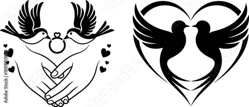 Two Birds Kissing in a Heart Shape Outline love black