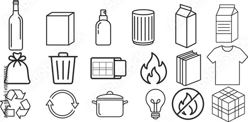 Waste Management Essentials: A collection of various waste icons including recycling symbol, recycle sign, box, bottle, containers, and household items