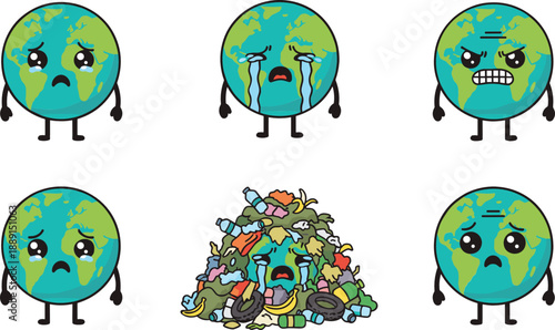 Hand drawn sad earth cartoon character icons showing pollution, crying globe, environmental damage, and climate awareness concept