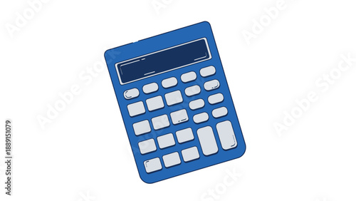 A blue calculator with white buttons on a plain white background