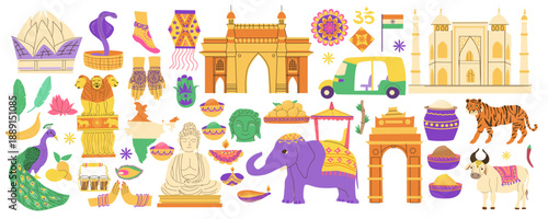 Big set of indian culture and travel elements. Landmarks and animals, traditional festival icons and symbols of India. Cartoon flat vector illustration isolated on white. Asian clip art set.