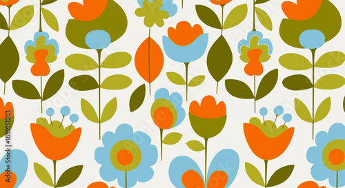 Cheerful Retro Floral Seamless Pattern with Vibrant Stylized Flowers and Leaves on Isolated White Background