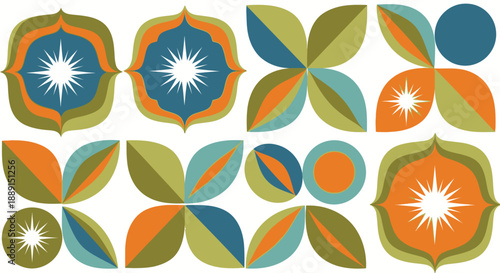 Bold Mid-Century Modern Geometric Seamless Pattern with Abstract Shapes and Starburst Elements on Isolated White Background