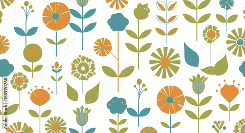 Varied Stylized Folk Art Flowers and Plants Pattern in Orange, Green, and Blue on Isolated White Background