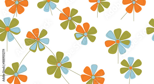 Cheerful Scattered Stylized Daisy Flowers Pattern in Orange, Green, and Blue on Isolated White Background