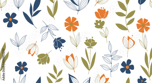Elegant Stylized Botanical Flower and Leaf Pattern in Dark Blue, Green, and Orange on Isolated White Background