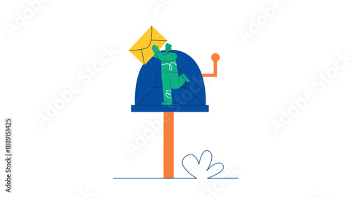 A cartoon alien emerges from a blue mailbox with a yellow kite