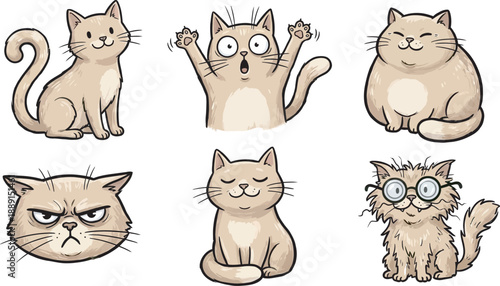 Cat Emotions and Moods: A collection of charming cat illustrations captures a range of feline feelings, from playful and content to mischievous and grumpy.
