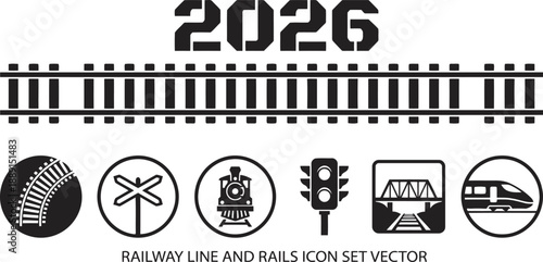 Railway Line and Rails Icon Set: A graphical representation of a railway line with associated icons, including a train, signal, and level crossing, and year 2026. 