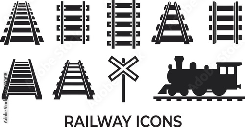 Railway Icon Set: A comprehensive collection of railway icons, offering a visual journey through the world of trains and tracks. Perfect for illustrating transportation themes.